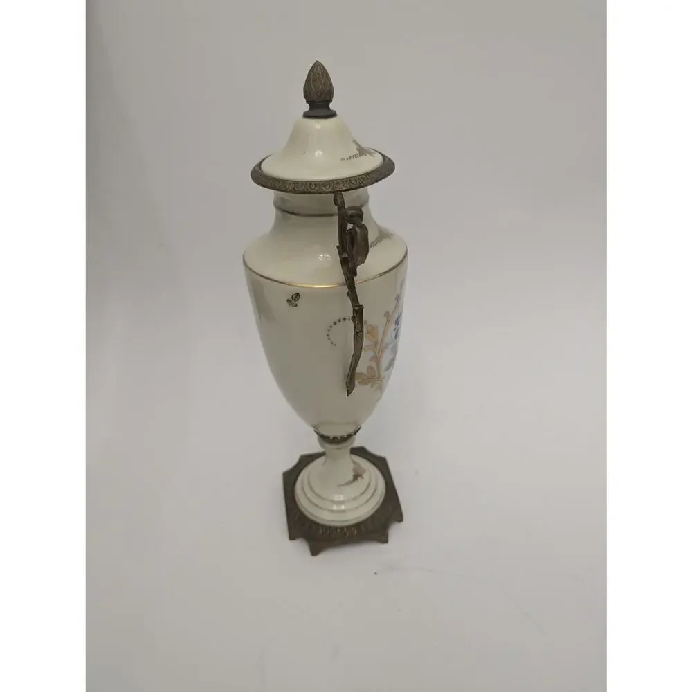 French Sèvres Style Porcelain Covered Urn Hand Painted Floral Vase 12.25